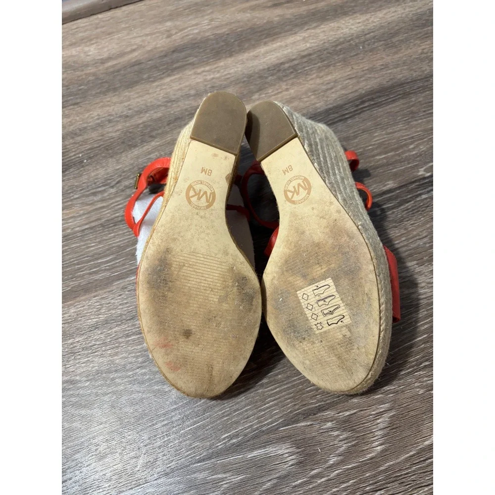 Michael Kors Red‎ Leather Espadrille Wedge Sandals MK Logo Gold Hardware 8M